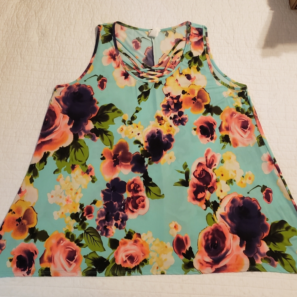 Bright sleeveless floral top,3xl, teal, pink roses